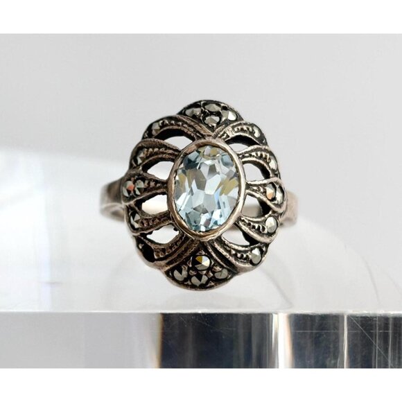 Aquamarine Semi-Precious Marcasite 925 Sterling Silver Vintage Ring - sz 6 - Picture 1 of 11